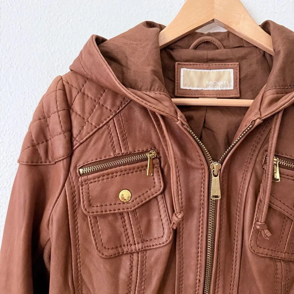 Michael Michael Kors Women's Size Small Quilted Moto Jacket Brown Soft Leather